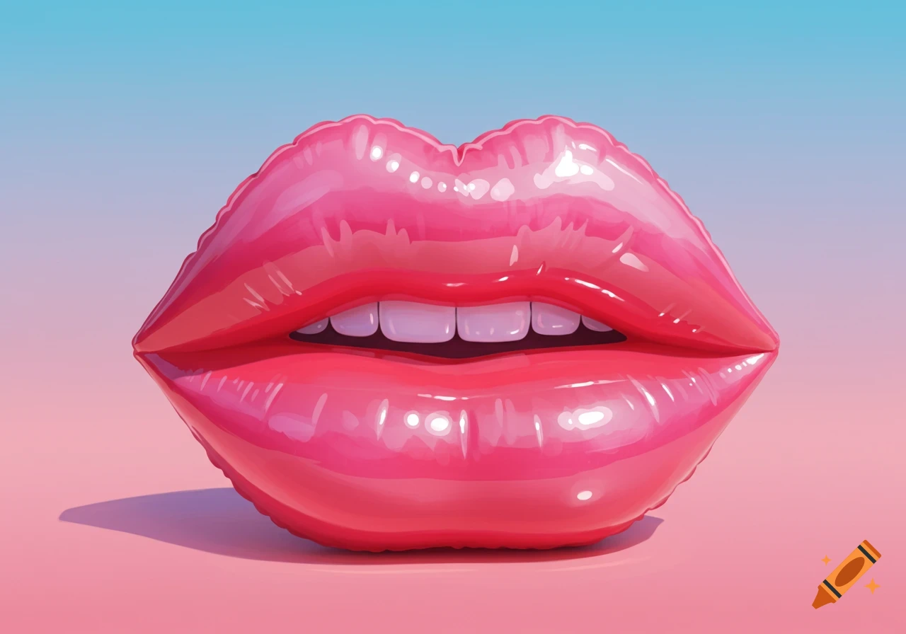 A vibrant pink inflatable raft shaped like a pair of glossy lips against a gradient blue and pink background.
