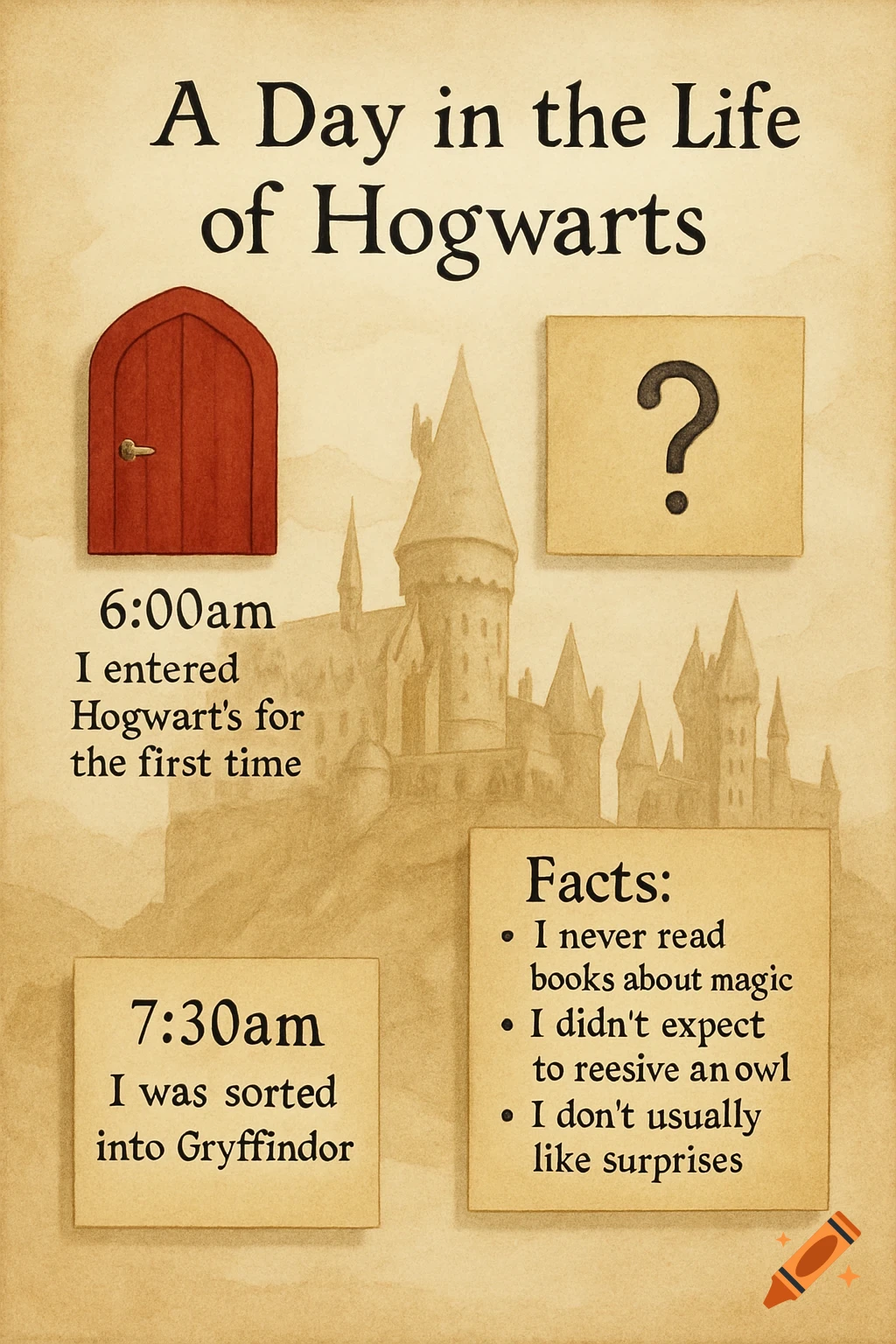 An illustrated infographic on aged paper titled 'A Day in the Life of Hogwarts', featuring a red door, a question mark box, and various text entries about entering and being sorted into Gryffindor, with Hogwarts castle faintly in the background.