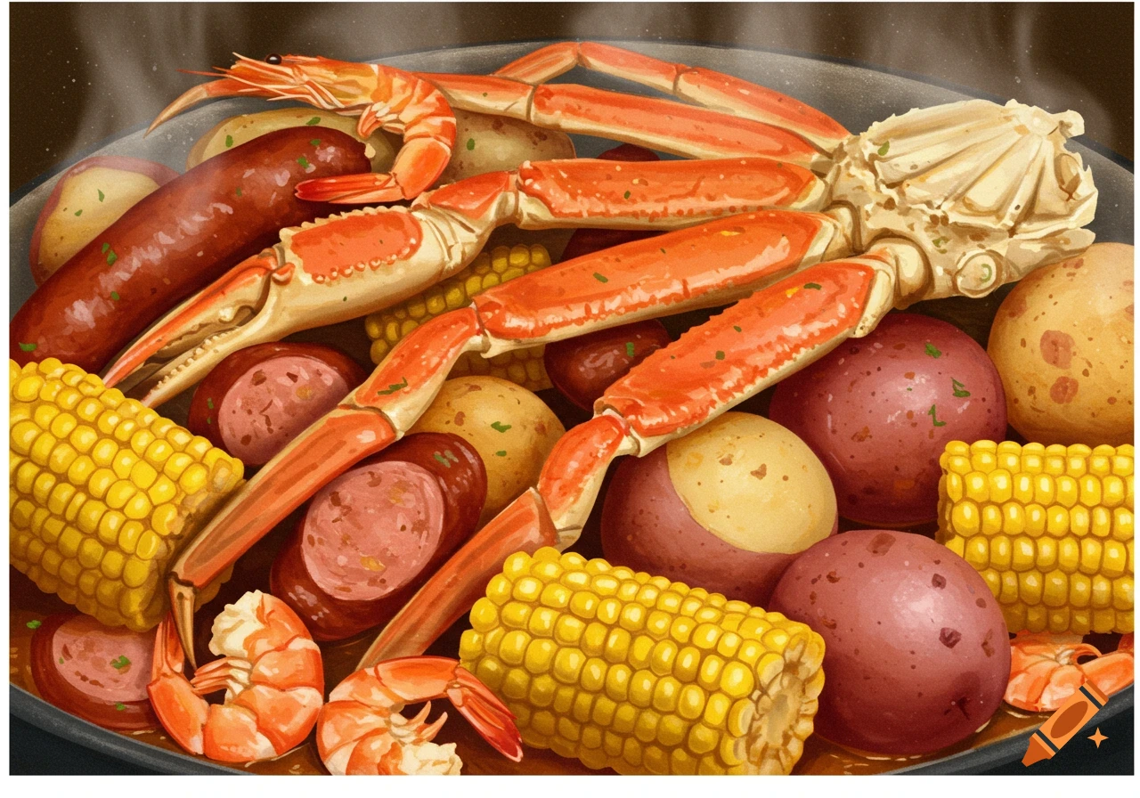 A close-up view of a seafood boil in a pot, featuring crab legs, shrimp, sliced sausage, red potatoes, and corn on the cob.