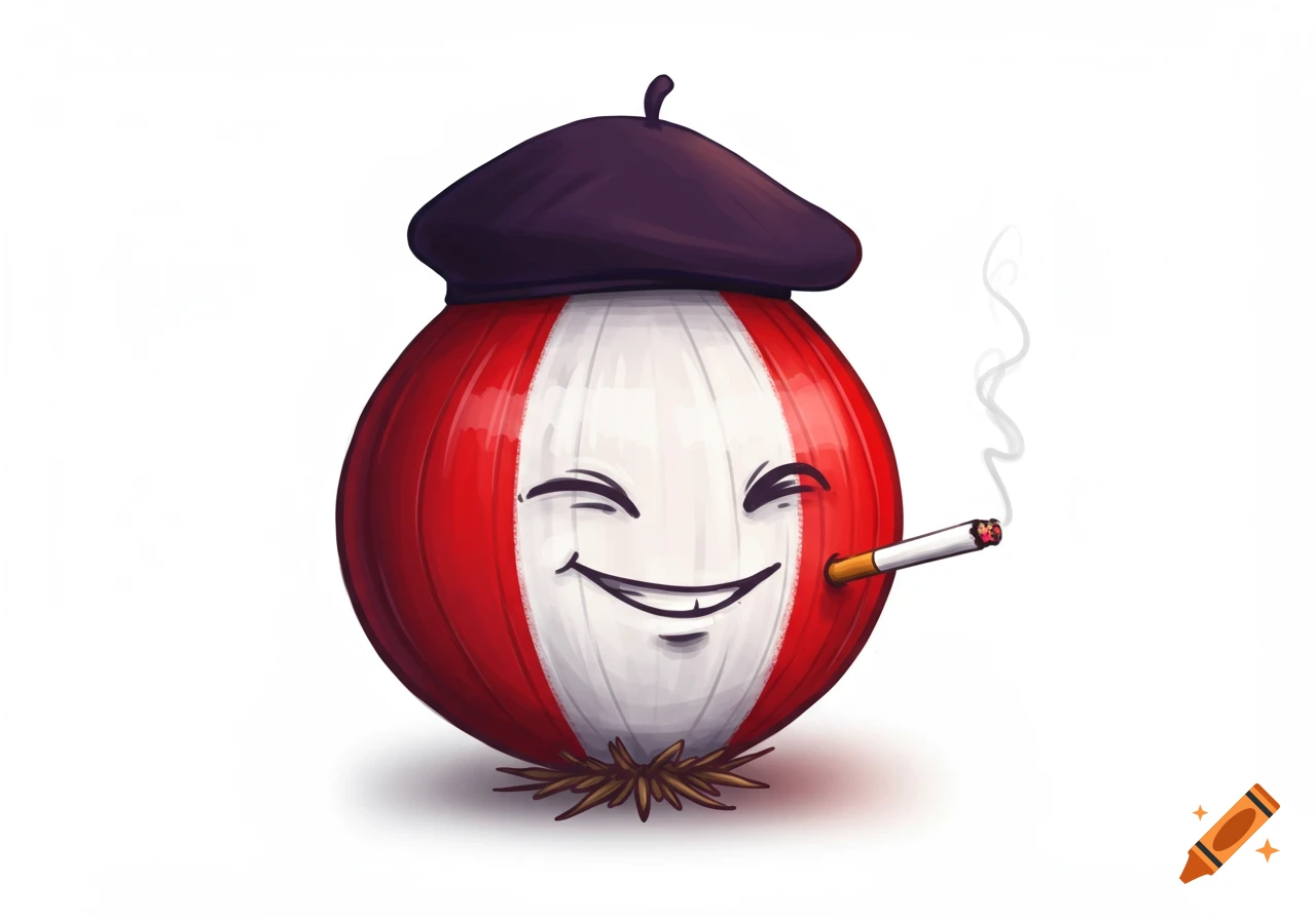 Cartoon onion in a beret with the Peruvian flag colors smoking a cigarette.
