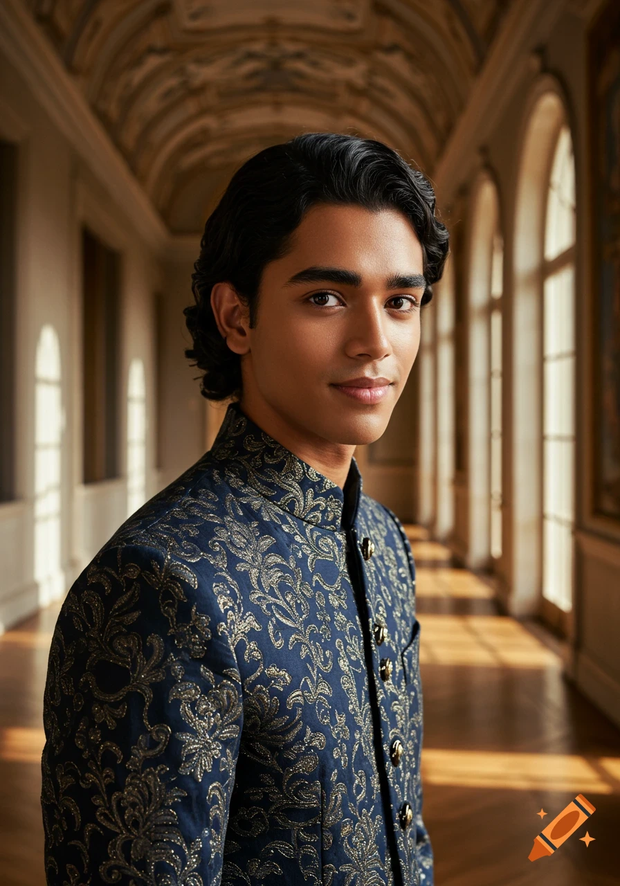 A young man with dark wavy hair and tan skin looks forward, wearing an intricately embroidered blue and gold formal jacket in a grand, arched hallway.