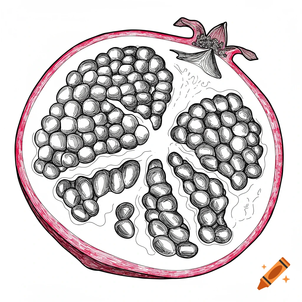 Simple line drawing of a pomegranate cut in half, showing the seeds and internal structure.