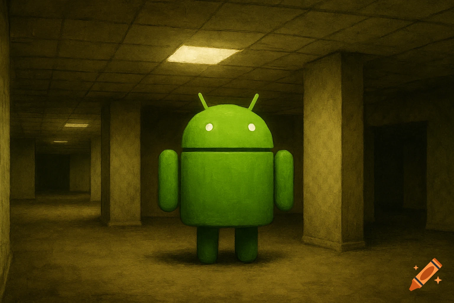 A green Android mascot stands alone in a dimly lit, yellowish, empty backrooms-style corridor with pillars and fluorescent lights.