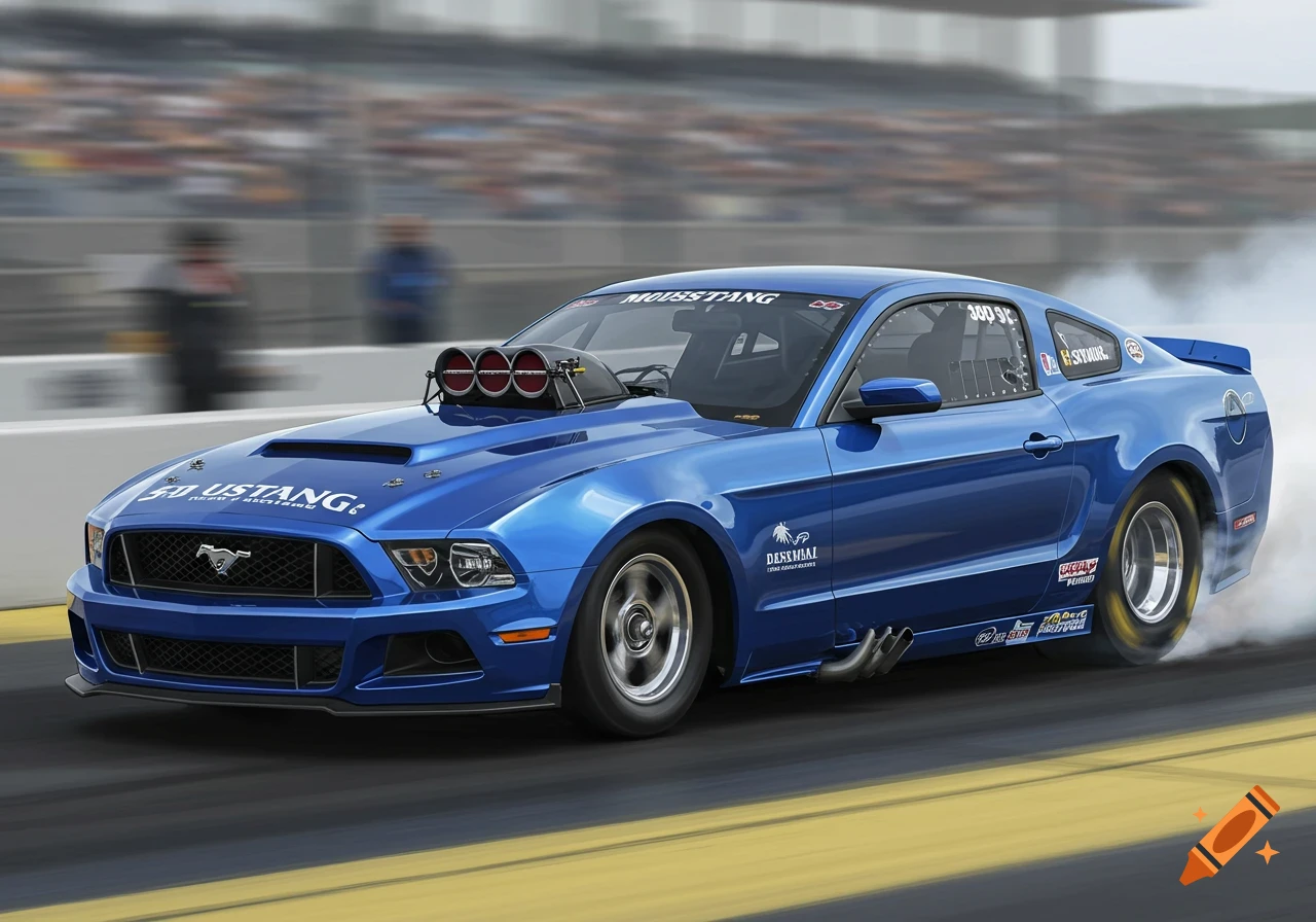 A blue drag racing Ford Mustang accelerates on a track, with smoke from its rear tires and a blurry background of spectators.