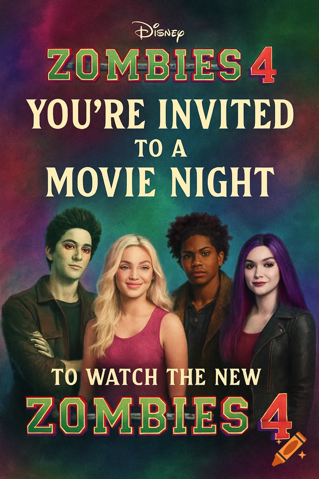 A colorful movie poster for Disney's Zombies 4 featuring four young characters and text inviting viewers to a movie night.