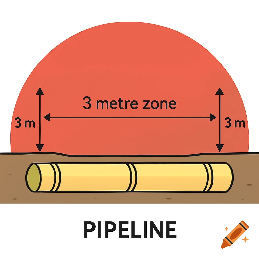 Illustration of an underground pipeline with a 3-meter safety zone above it, labeled '3 metre zone' and 'PIPELINE'.