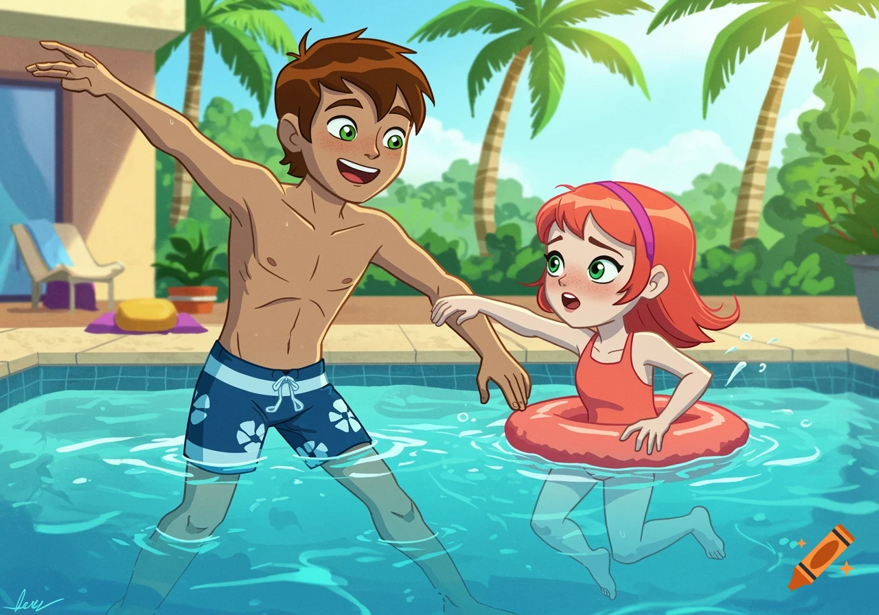 Animated scene of a boy teaching a girl with a swim ring to swim in an ...