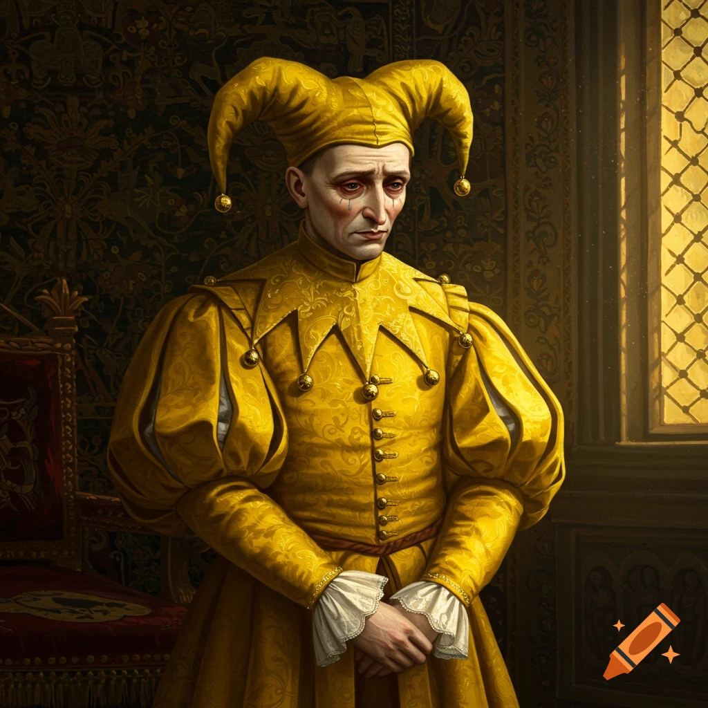 A melancholic jester in a vibrant yellow costume with a pointed hat and tears of blood, depicted in a classical painting style.