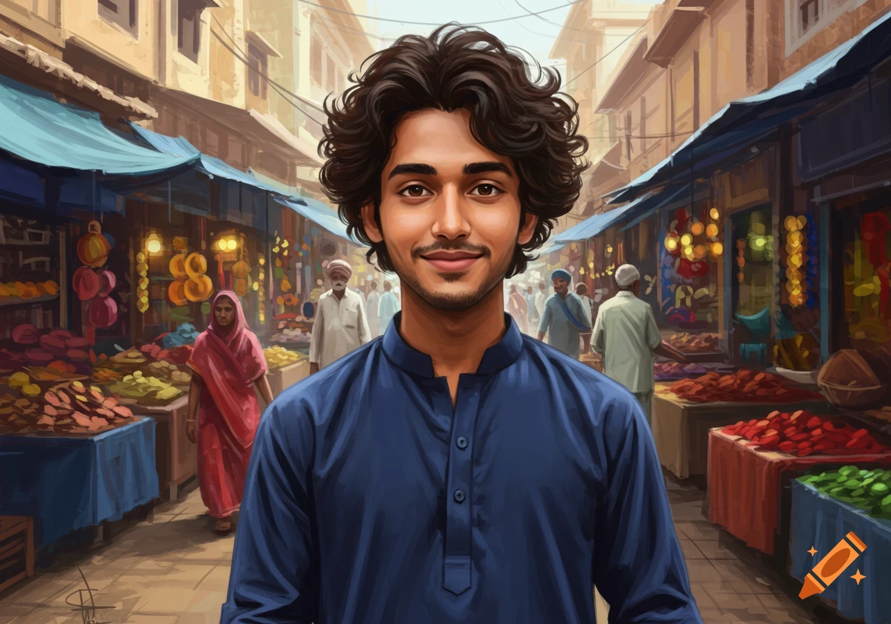 Digital painting of a smiling young man with curly hair in a vibrant market street.