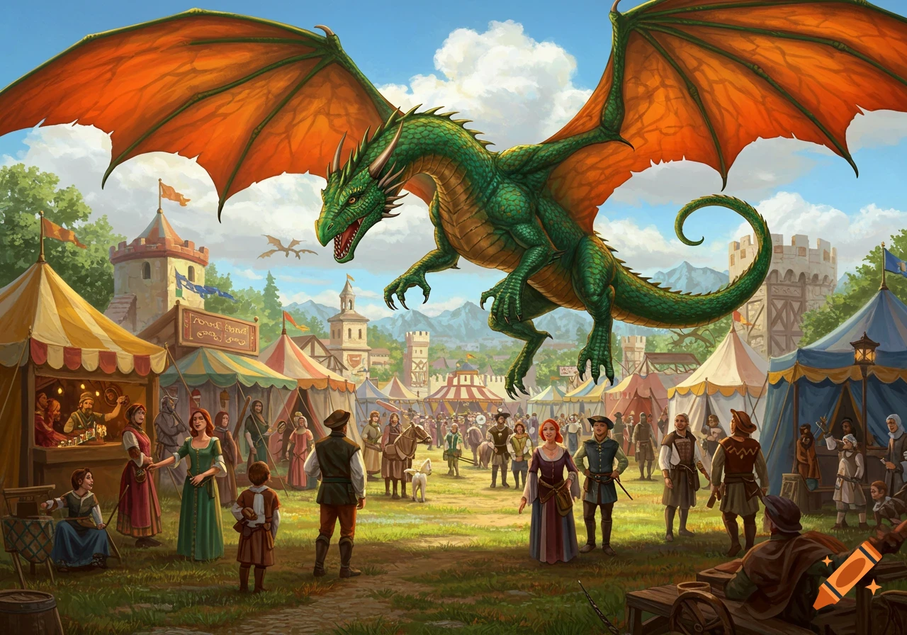 A large green dragon with orange wings flying over a bustling medieval renaissance fair with tents and many people.
