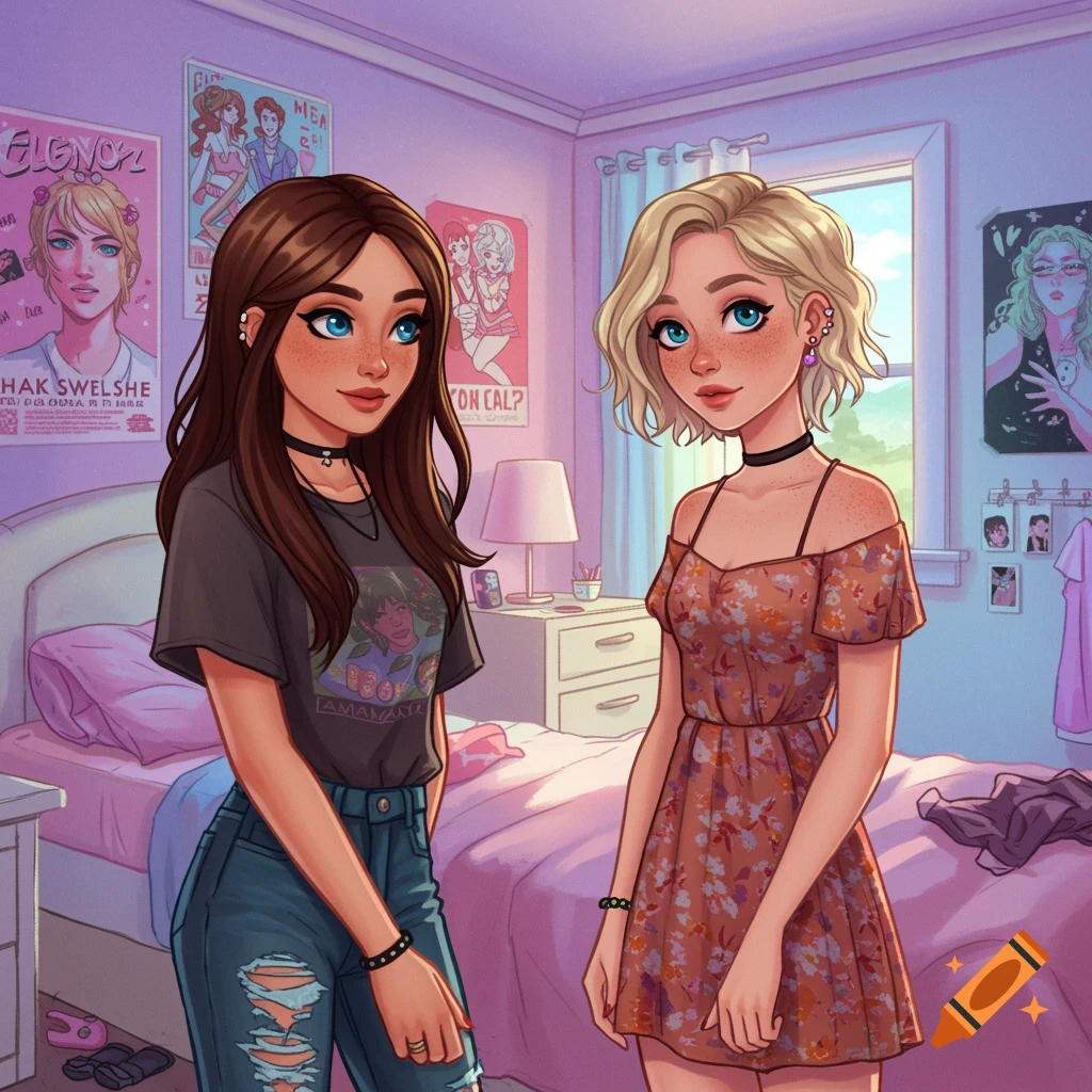 Two cartoon-style teenage girls stand in a colorful bedroom with posters on the walls.