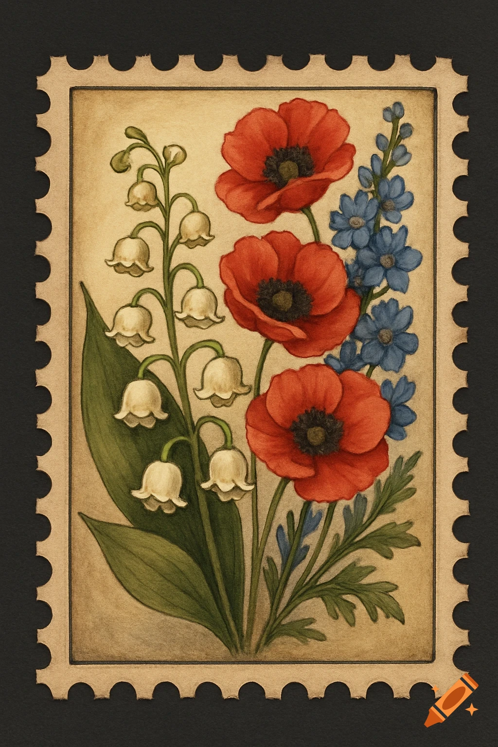 A vintage-style postage stamp illustration featuring a bouquet of red poppies, white lily of the valley, and blue delphinium flowers.