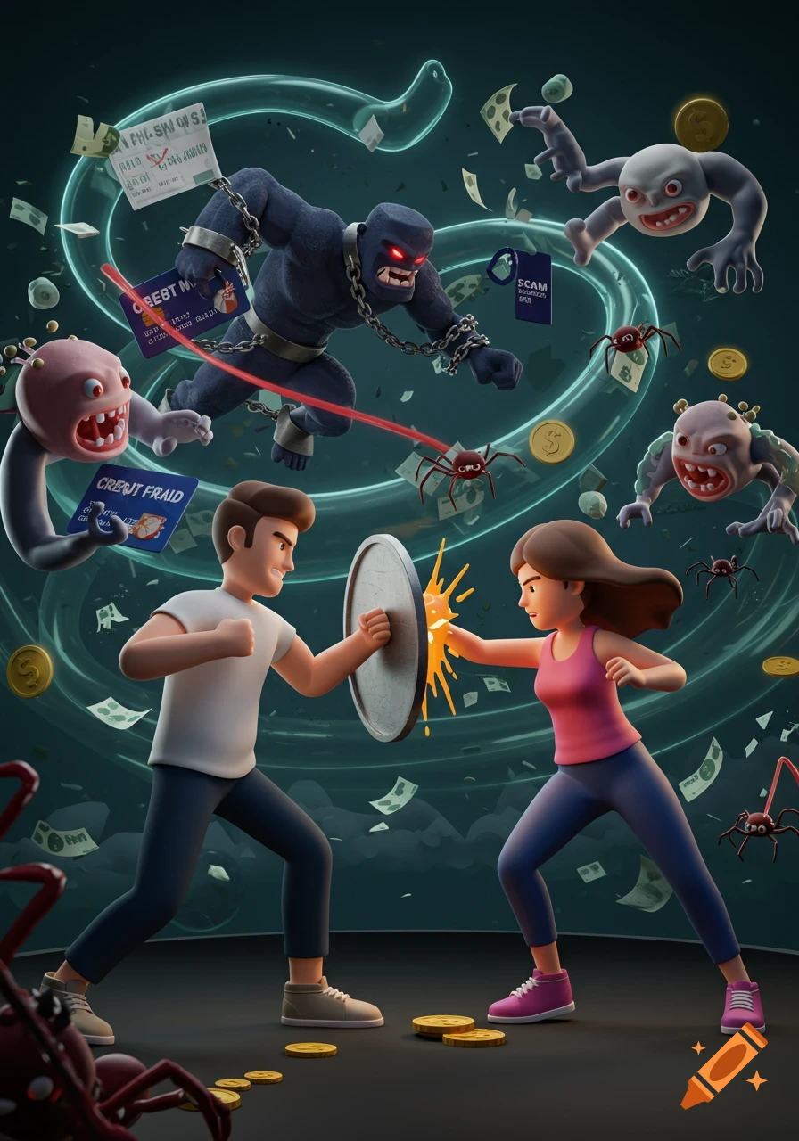 A 3D illustration of a couple fighting cartoon monsters, credit cards, and money, symbolizing financial self-defense.