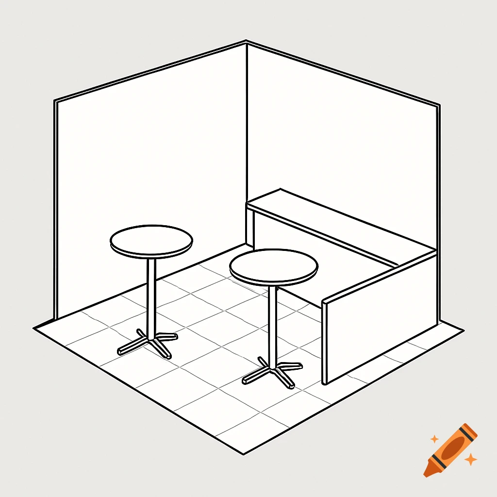 Isometric line drawing of an empty booth with two tall round tables and a low bench seat, on a tiled floor.