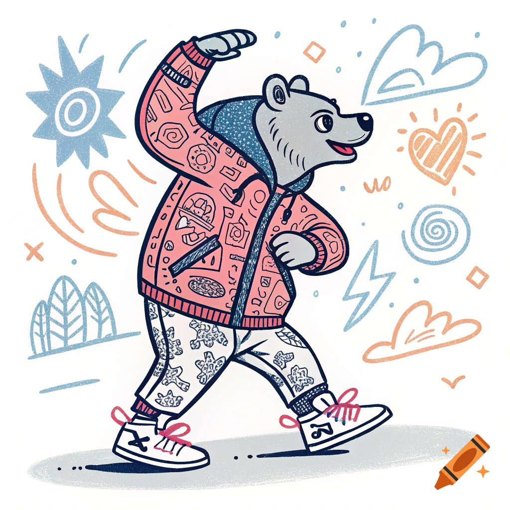 A walking gray bear cartoon character wearing a patterned pink hoodie, white pants, and sneakers, surrounded by abstract shapes. The style is bold and graphic.