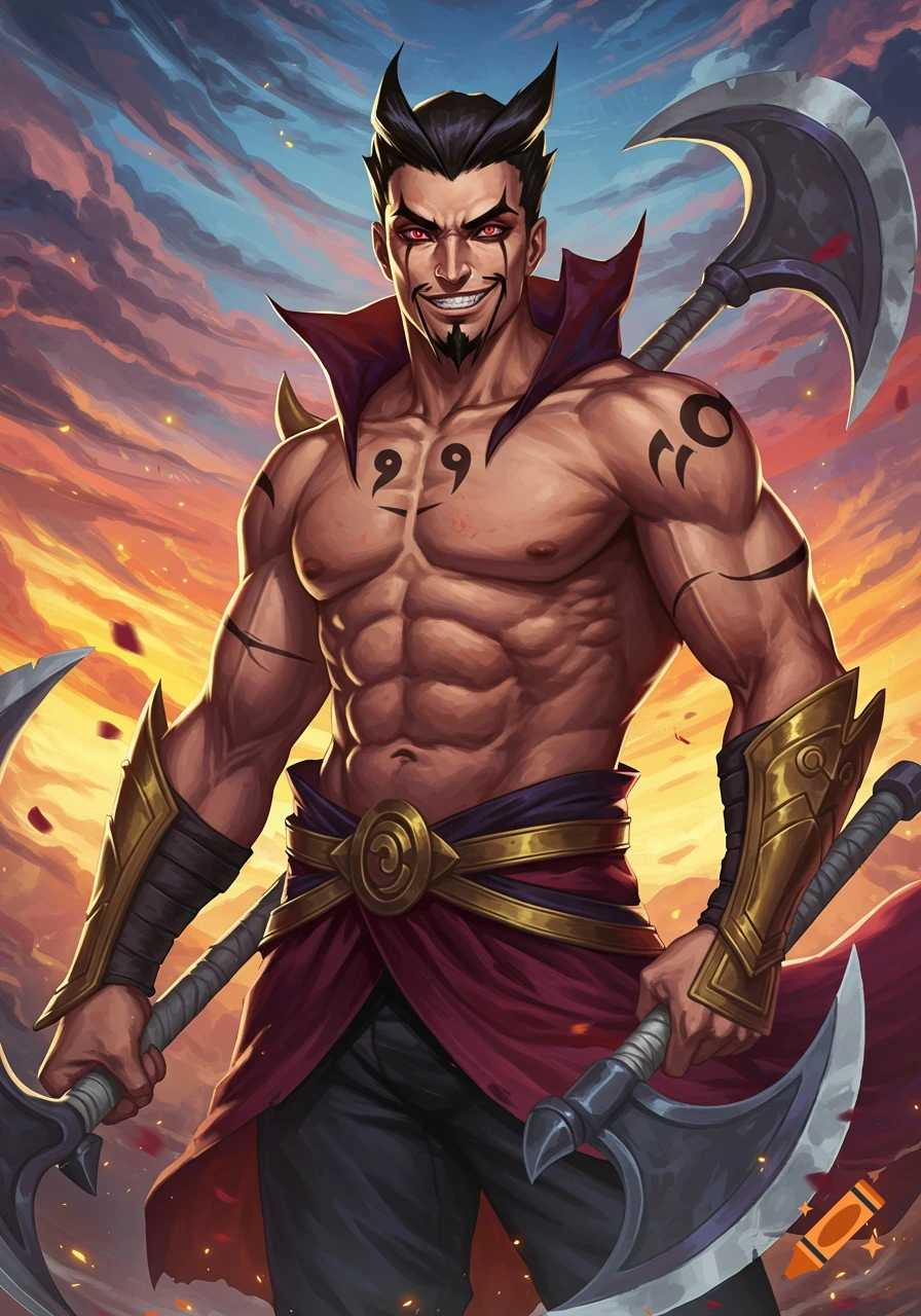 An illustration in anime style of a muscular man with horns and red eyes, holding two large axes against a dramatic sunset sky. He has a goatee and tattoos on his chest and arm.