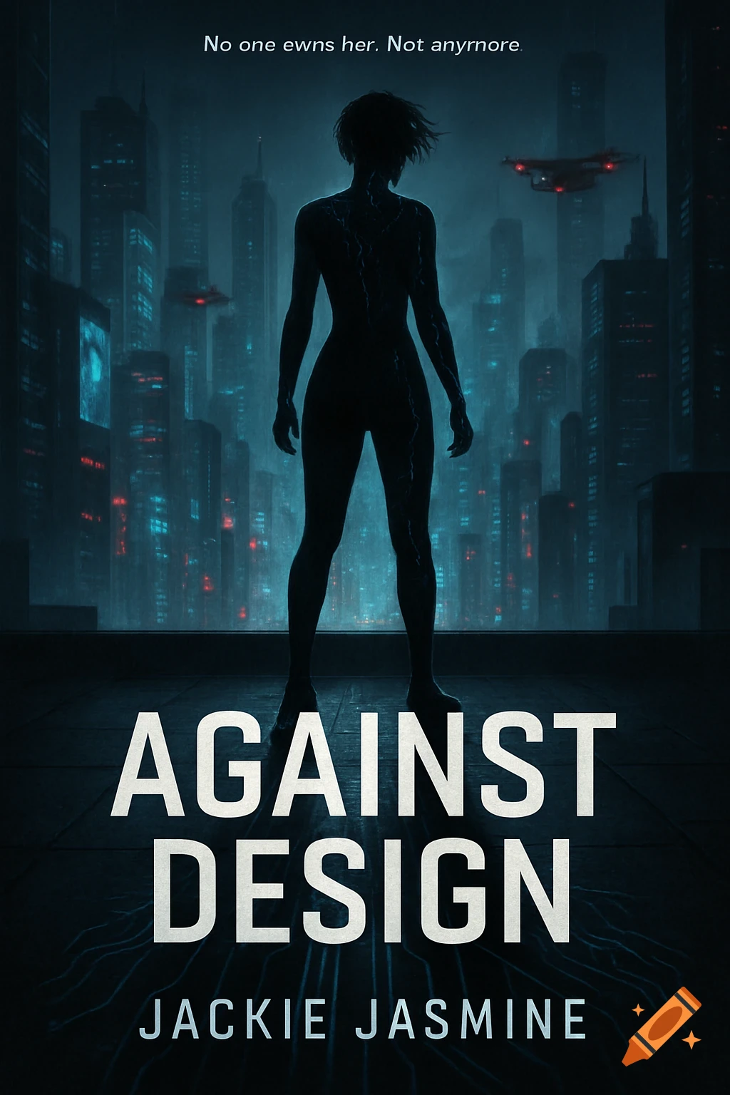 A silhouetted female figure with glowing data lines on her skin stands on a rooftop overlooking a dystopian city skyline at night, styled as a book cover.