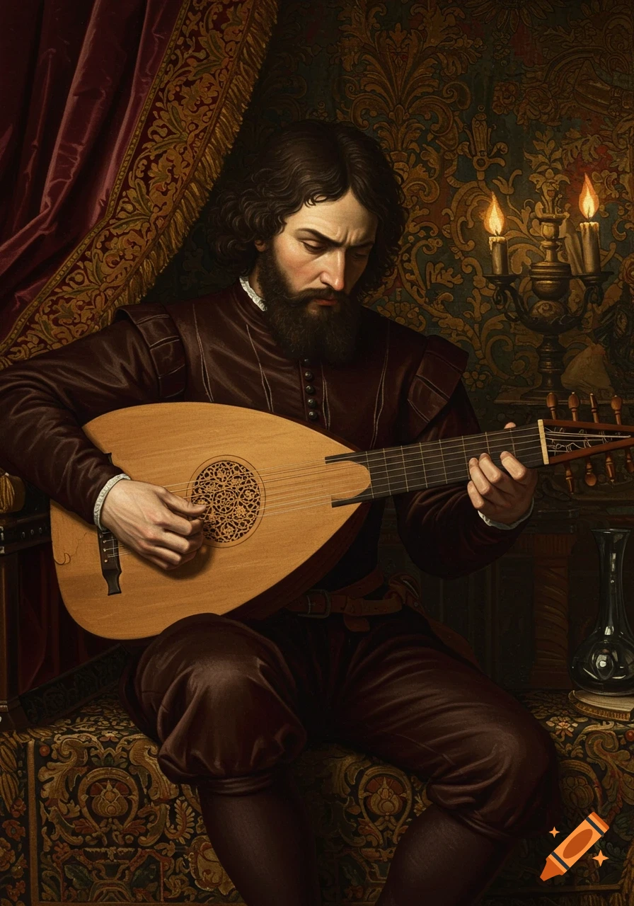 A man with a beard in Renaissance attire plays a lute in a richly decorated room, painted in a classical style.