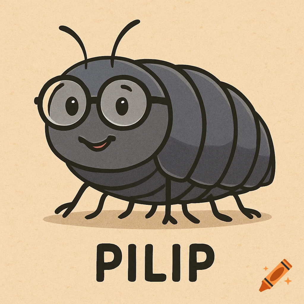 A cute cartoon pill bug wearing glasses, smiling, with the name 'PILIP' written below it.