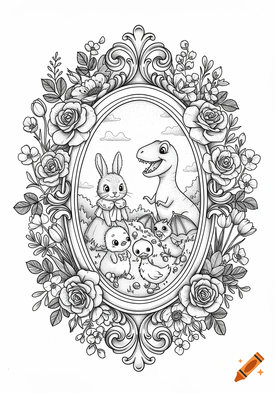 Black and white line art of a bunny, T-Rex, and two chicks inside an ornate oval frame, surrounded by roses, tulips, and wildflowers.