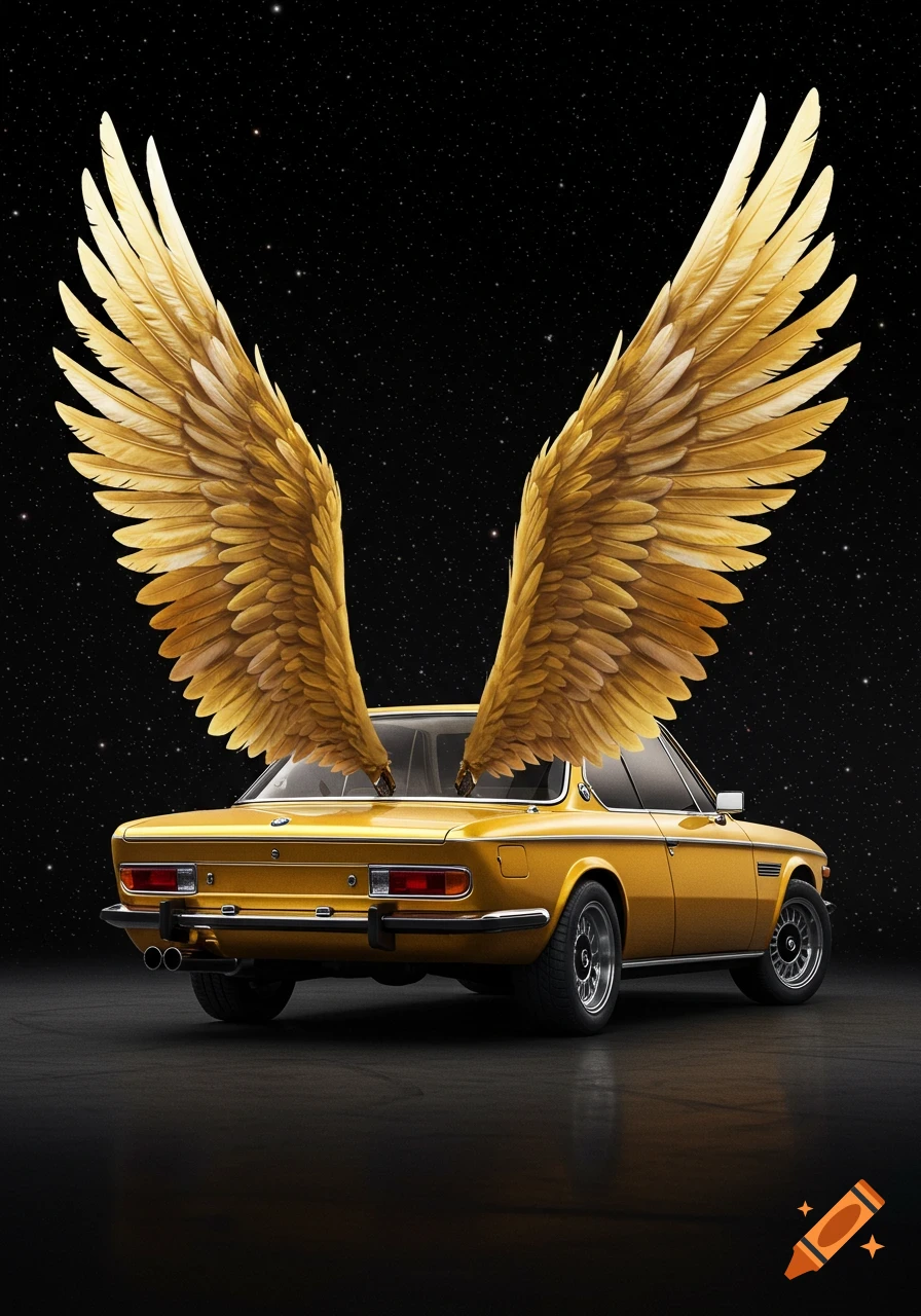 A golden BMW car with large golden wings attached to its rear, set against a dark, starry night sky.