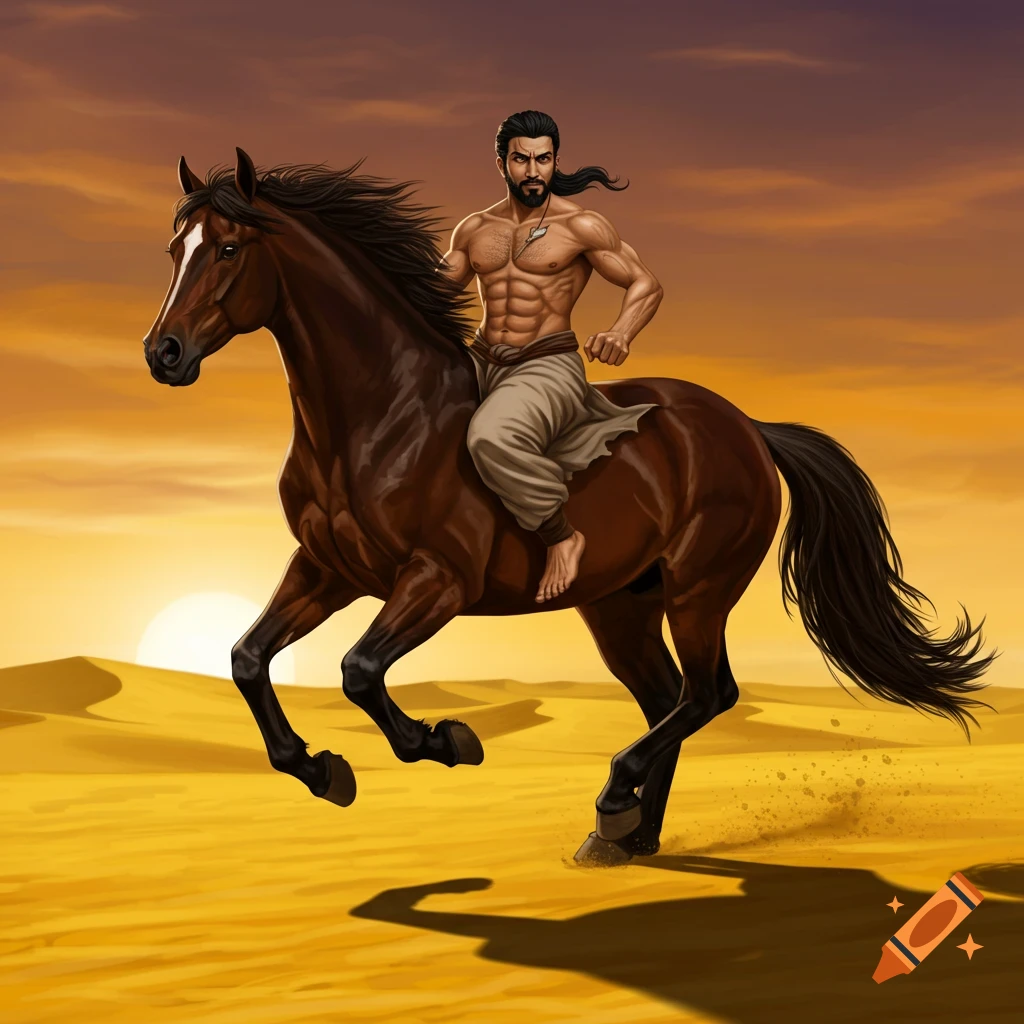 An illustration of a muscular man riding a brown horse bareback through a sandy desert at sunset.