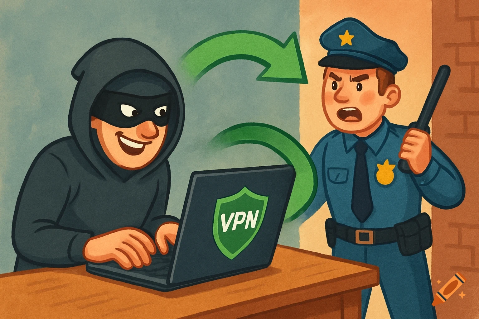 A cartoon thief smiling at a laptop with a VPN logo, as a police officer looks on angrily.