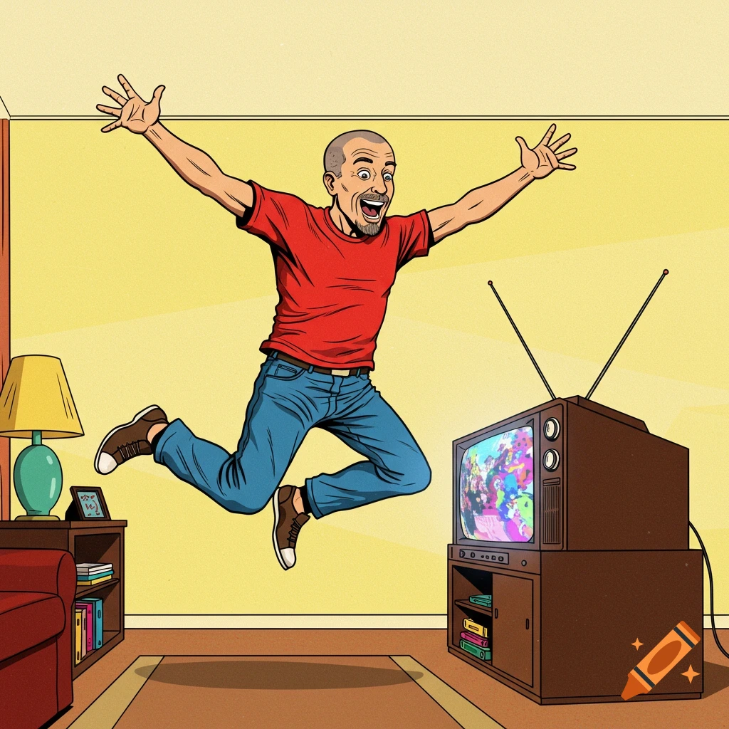 A happy man in a red shirt and blue jeans jumps exuberantly in a brightly colored pop art style living room, with a vintage television showing colorful imagery.