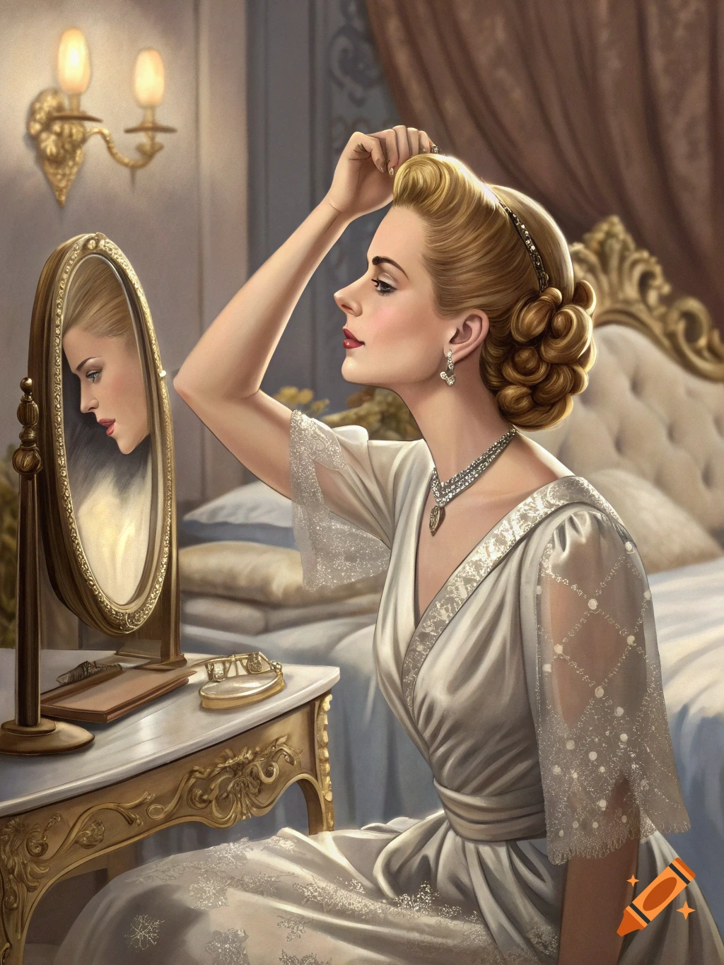 Elegant woman with blonde hair, dressed in white, adjusting her hair in a gilded mirror within a luxurious bedroom, in a detailed painting style.