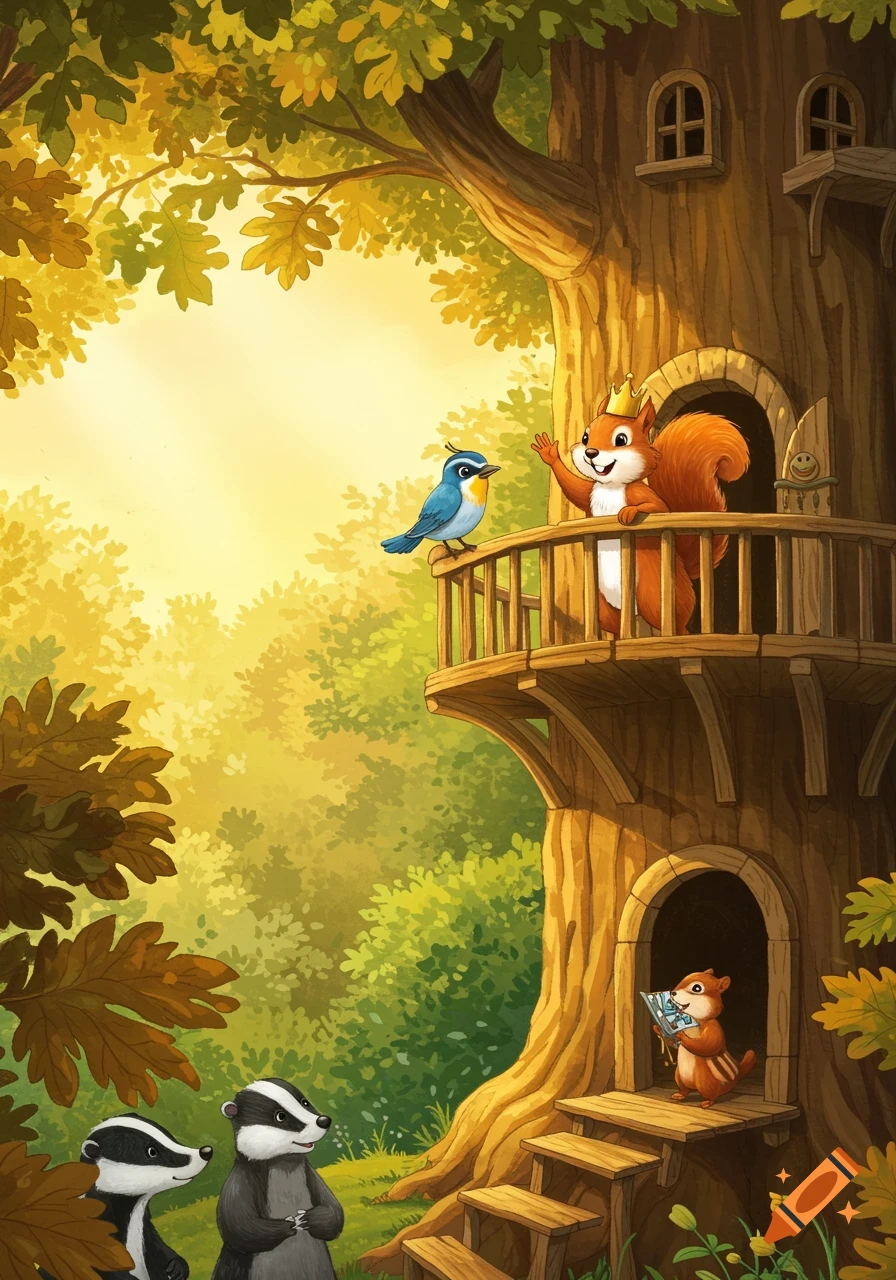 Whimsical children's book illustration of a squirrel waving from a treehouse to other forest animals in a sunlit forest.