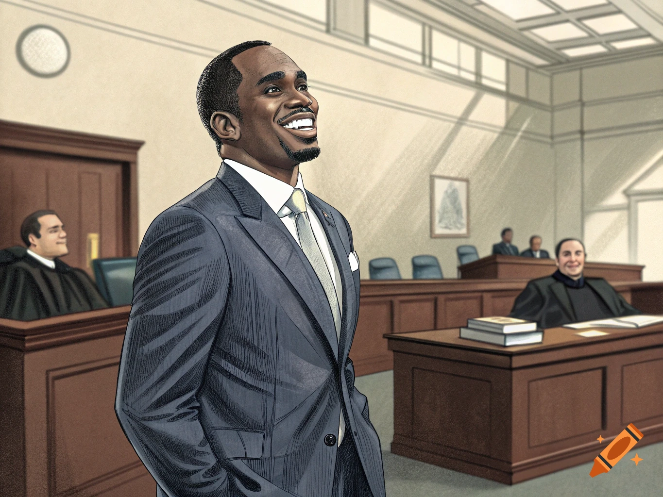An illustration of a happy Black man in a suit smiling in a courtroom with judges in the background.