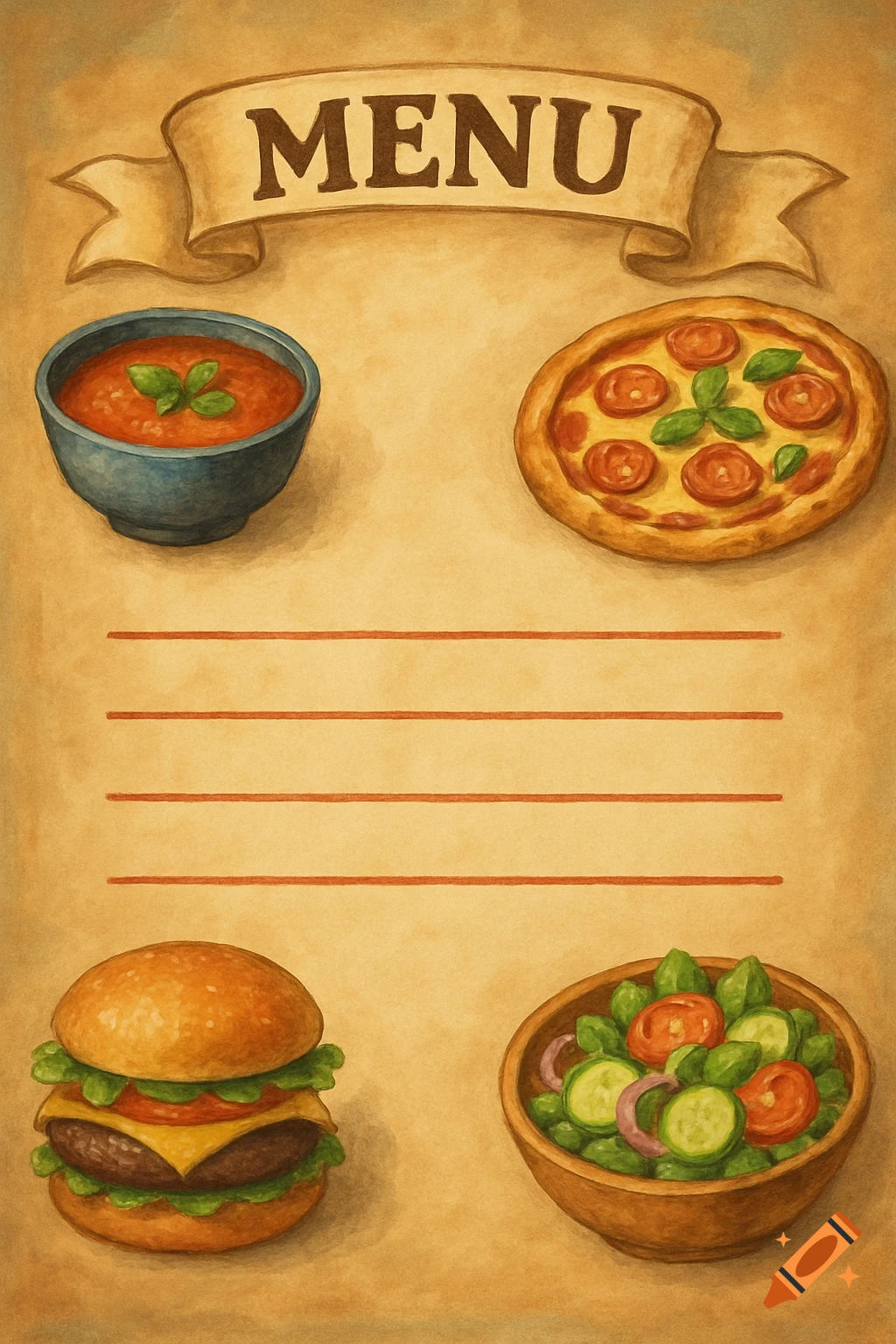Hand-drawn menu background with a 'MENU' banner, showing soup, pizza, hamburger, and salad on aged paper.