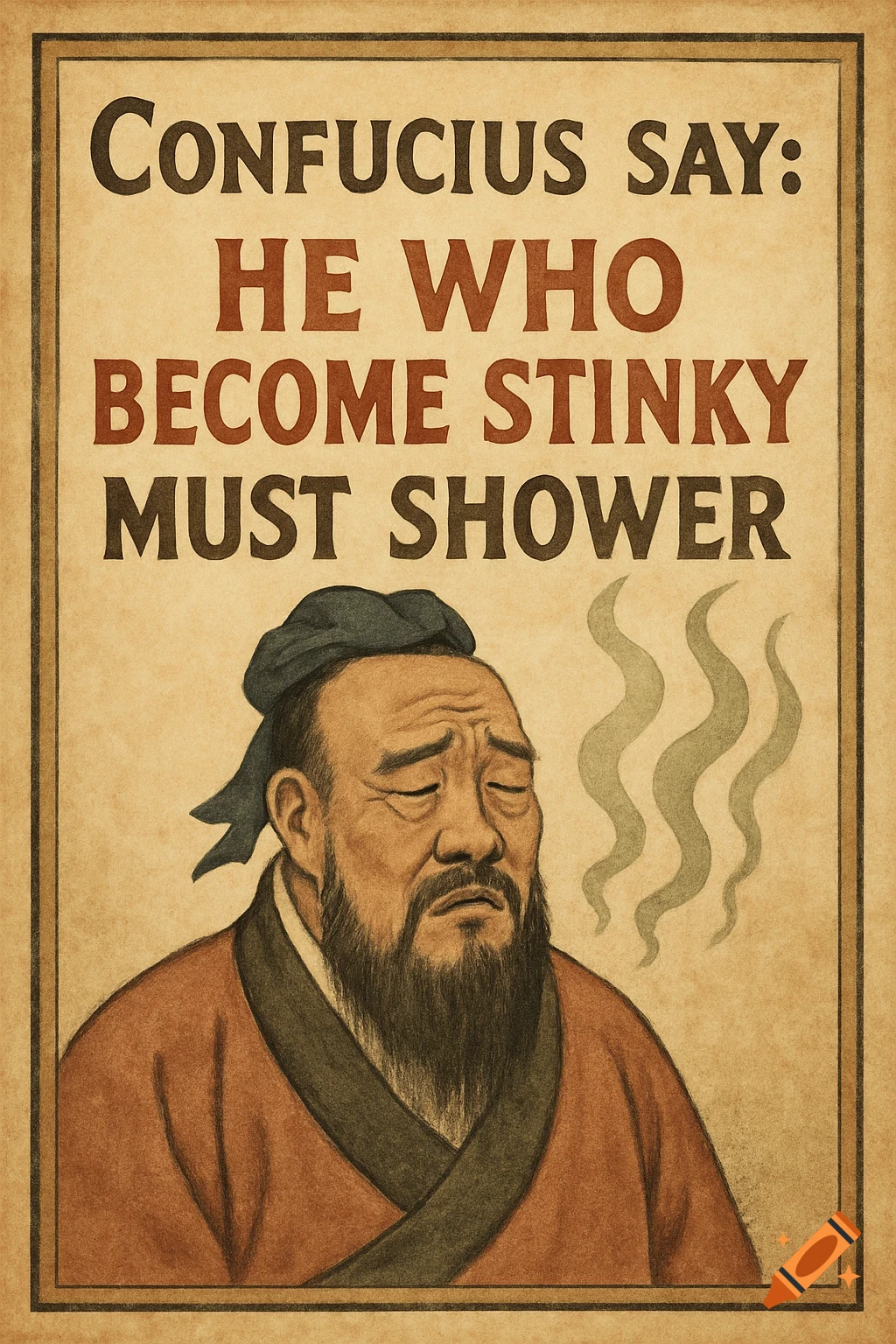 An illustration of Confucius on a vintage poster, with green wavy lines  indicating smell. Text reads: 'Confucius say: HE WHO BECOME STINKY MUST  SHOWER.' on Craiyon, image size:1024x1536