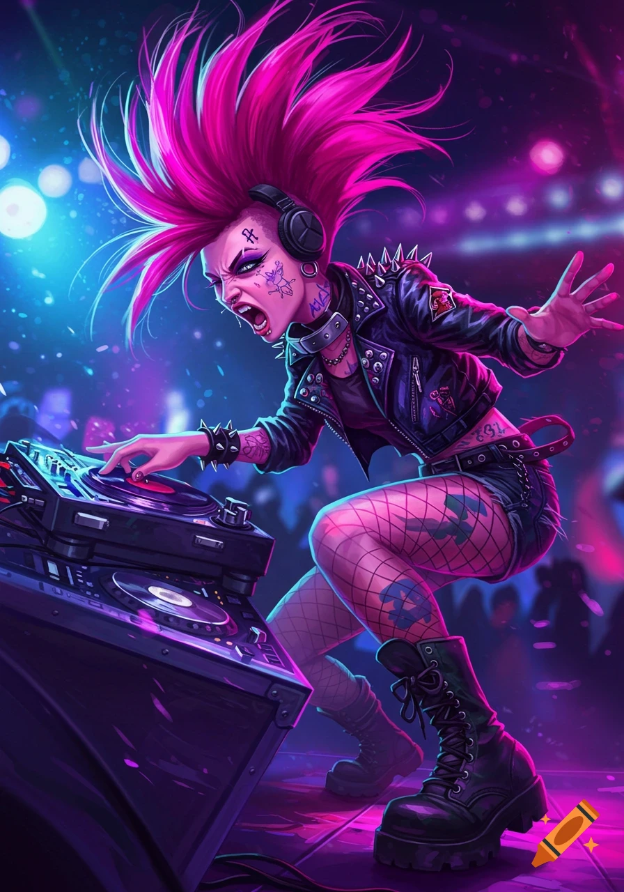 A stylized illustration of a punk girl DJ with pink spiky