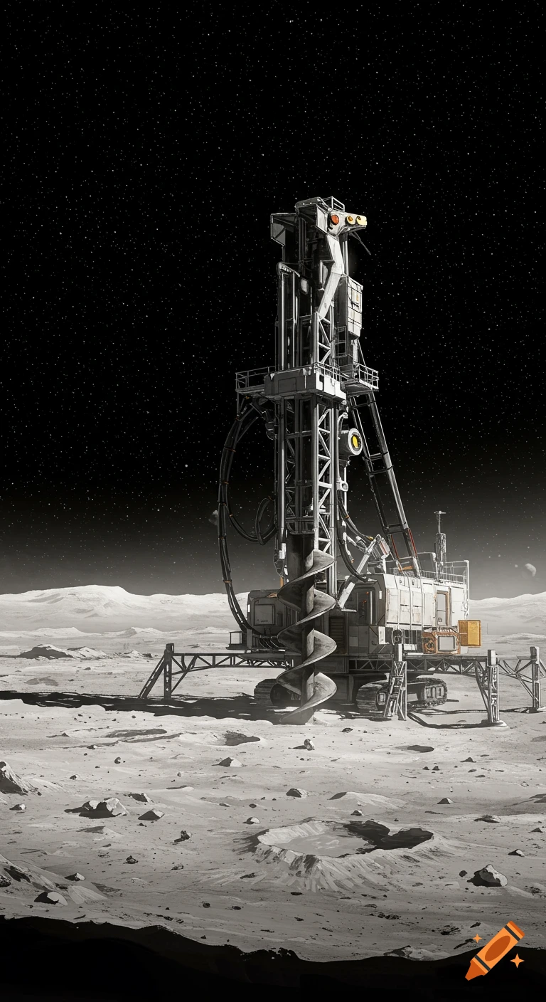 A massive industrial mining drill stands on a cratered moonscape under a starry night sky.