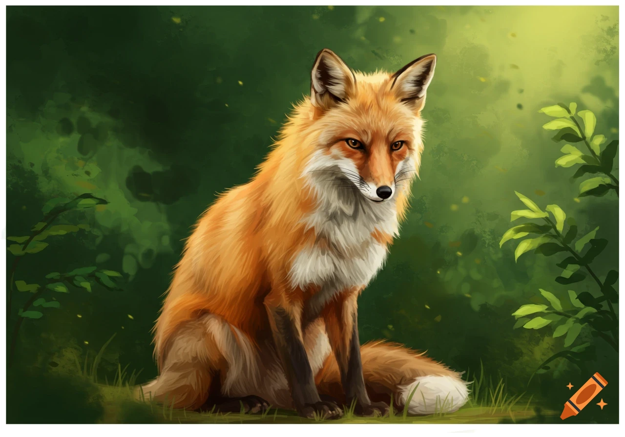 A red fox sits amidst green foliage in a forest, depicted in a ...