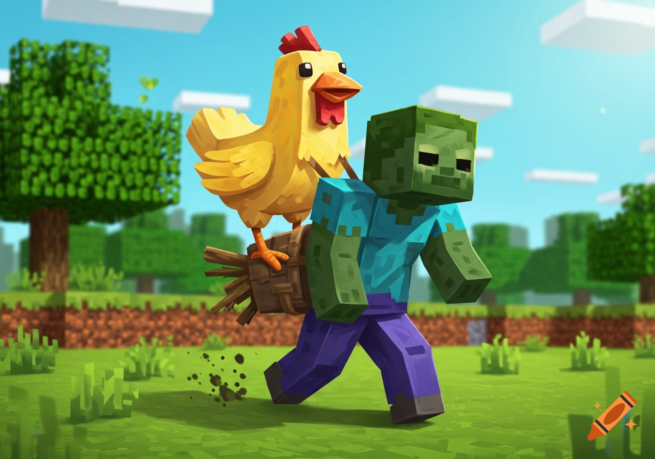 A cartoon chicken rides on the back of a blocky Minecraft zombie through a blocky green landscape under a blue sky.