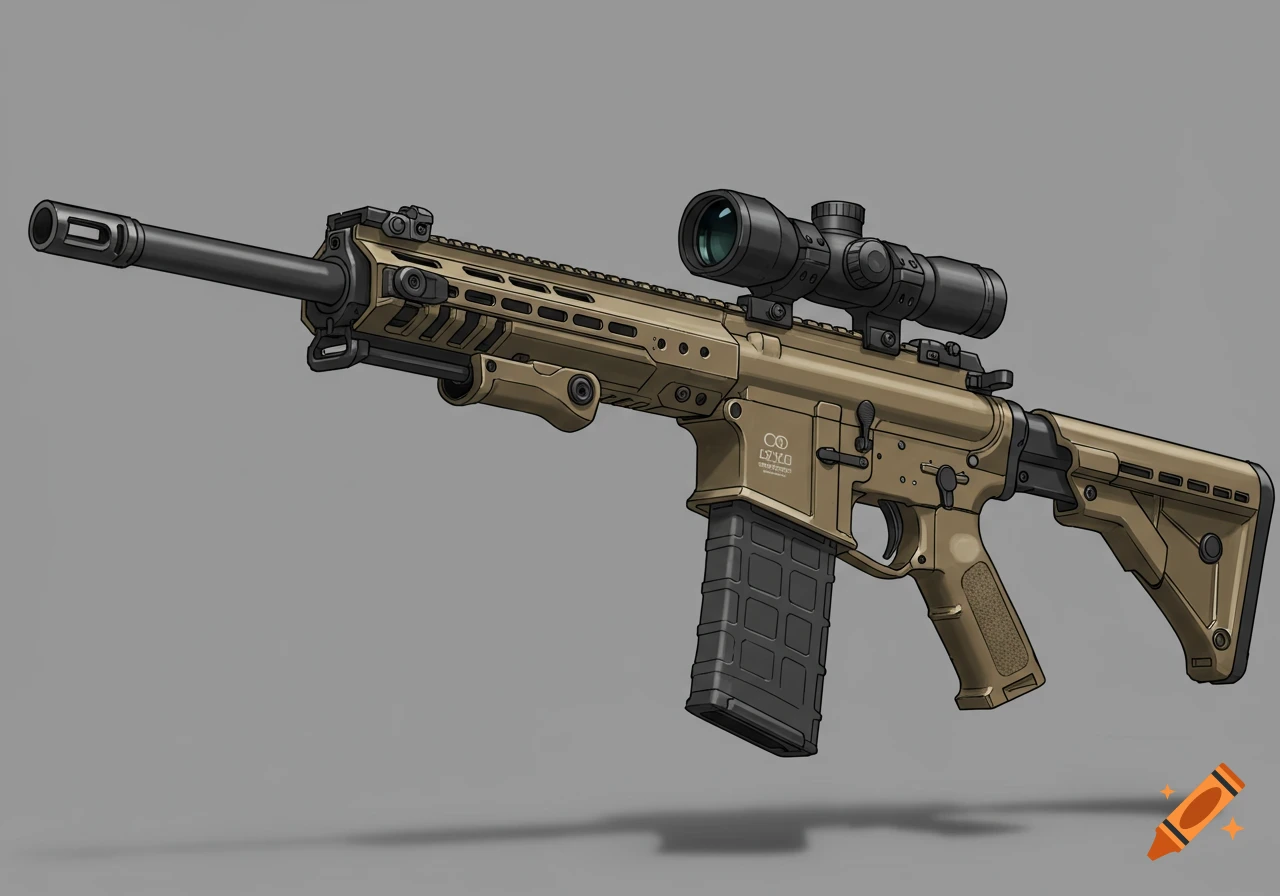 A tan and black AR-15 rifle with a scope and a large magazine on a gray background, illustrated style.