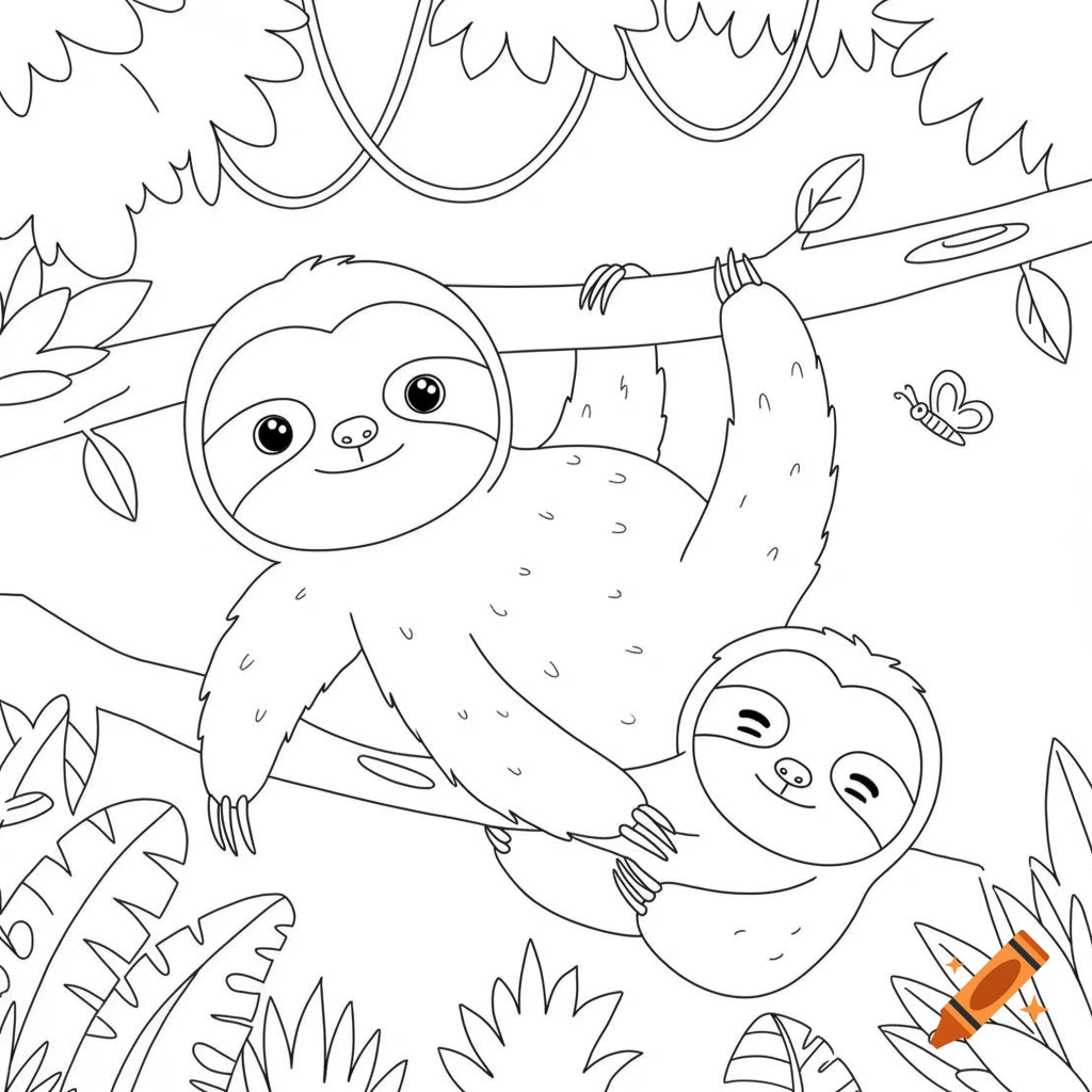 A black and white cartoon sloth coloring page showing a parent and baby sloth hanging from a tree branch in a jungle.
