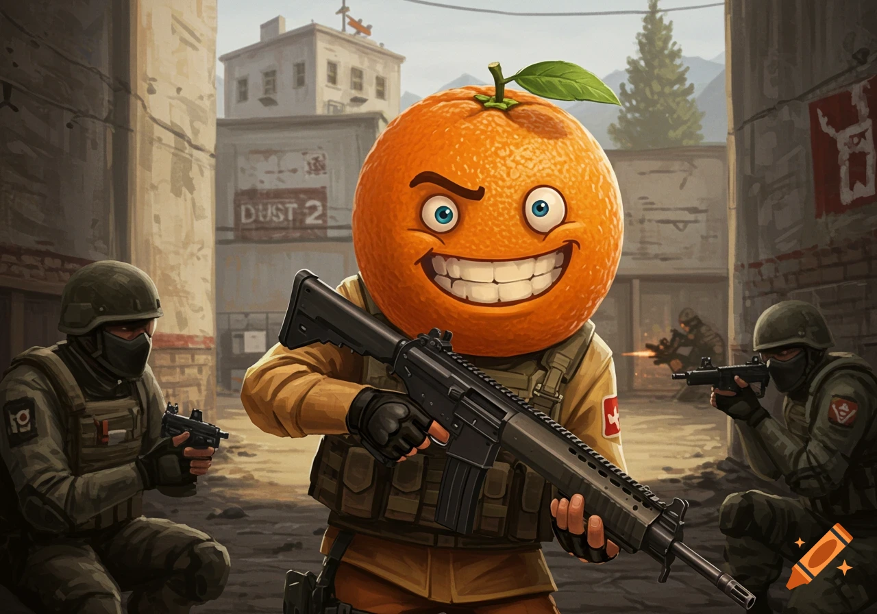 Cartoon orange character in military gear holding a rifle with soldiers in a combat zone.