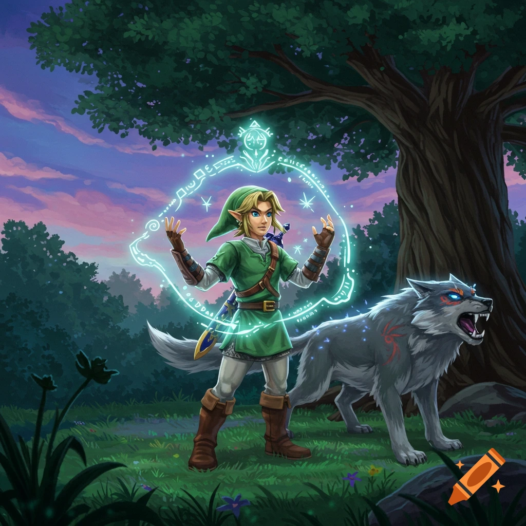 Link from Twilight Princess casts a glowing spell circle as a large wolf with glowing red eyes stands beside him in a forest at sunset.