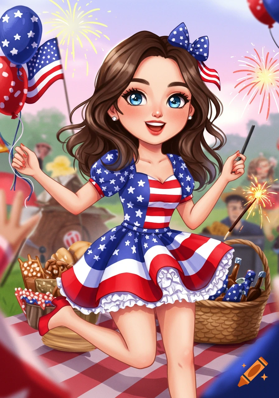 A cartoon brunette girl in a patriotic American flag dress celebrates with balloons and a sparkler during an outdoor fireworks display.