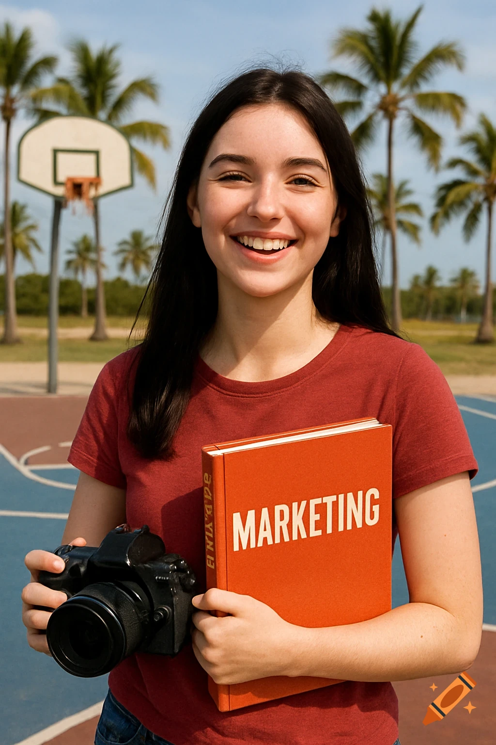 A smiling young woman with dark hair stands on an outdoor basketball court, holding an orange book titled 'MARKETING' and a camera.