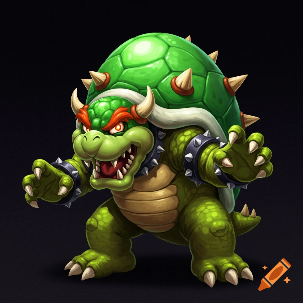 Cartoon illustration of Bowser, a large green spiky turtle-like creature, roaring with claws extended on a dark background.