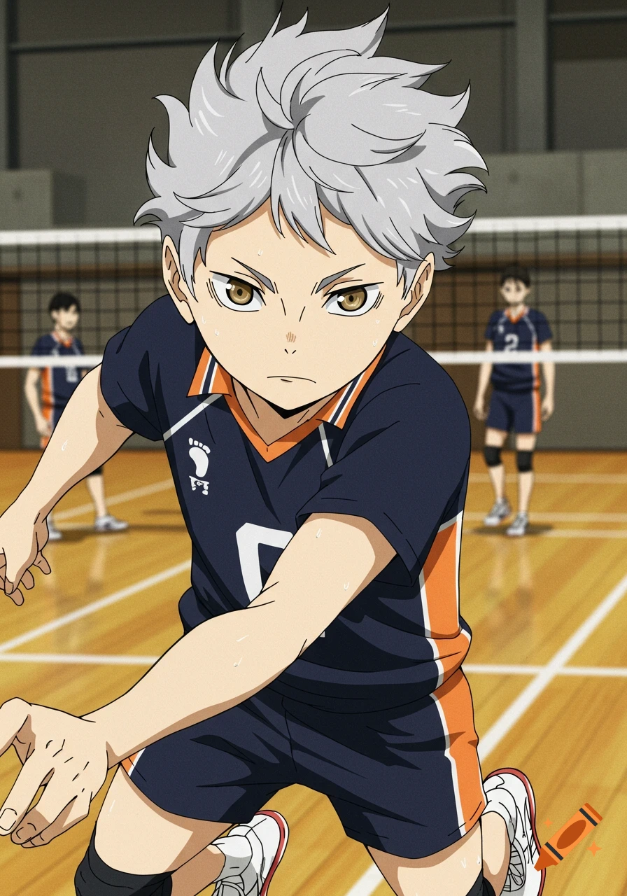 An anime boy with silver hair and brown eyes in a dark blue and orange volleyball uniform on a court.