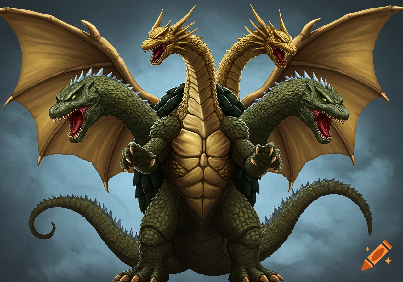 A large, multi-headed kaiju with a golden central head and body, two green side heads, and large wings, standing against a dark blue sky.
