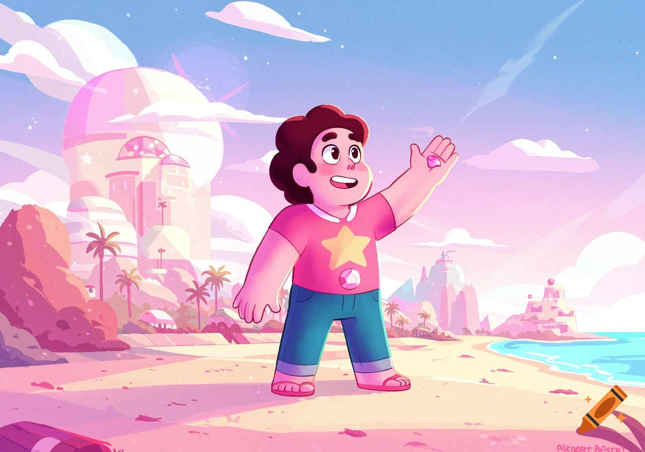 A cartoon character, Steven Universe, stands on a sunny pink and orange beach, holding up a small gem, with fantasy buildings in the background.