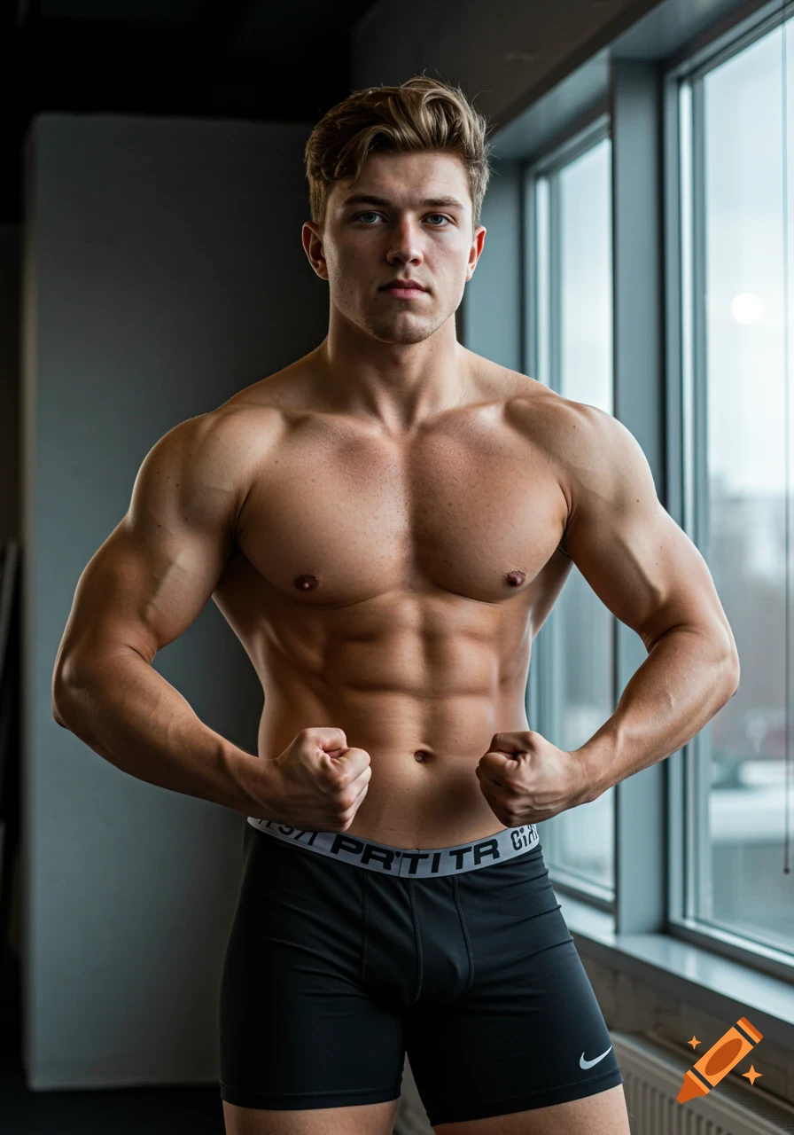 Photorealistic image of a muscular young man flexing shirtless in black shorts in a gym.