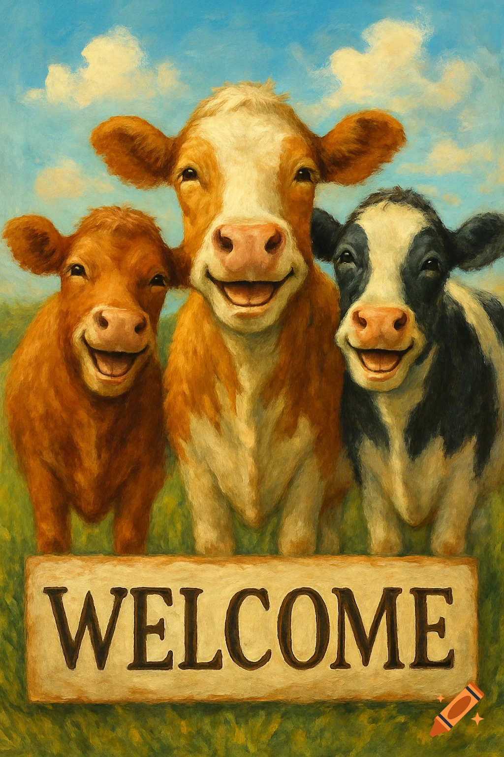 Three happy, smiling cows in a field with a 'WELCOME' sign in a painterly style.