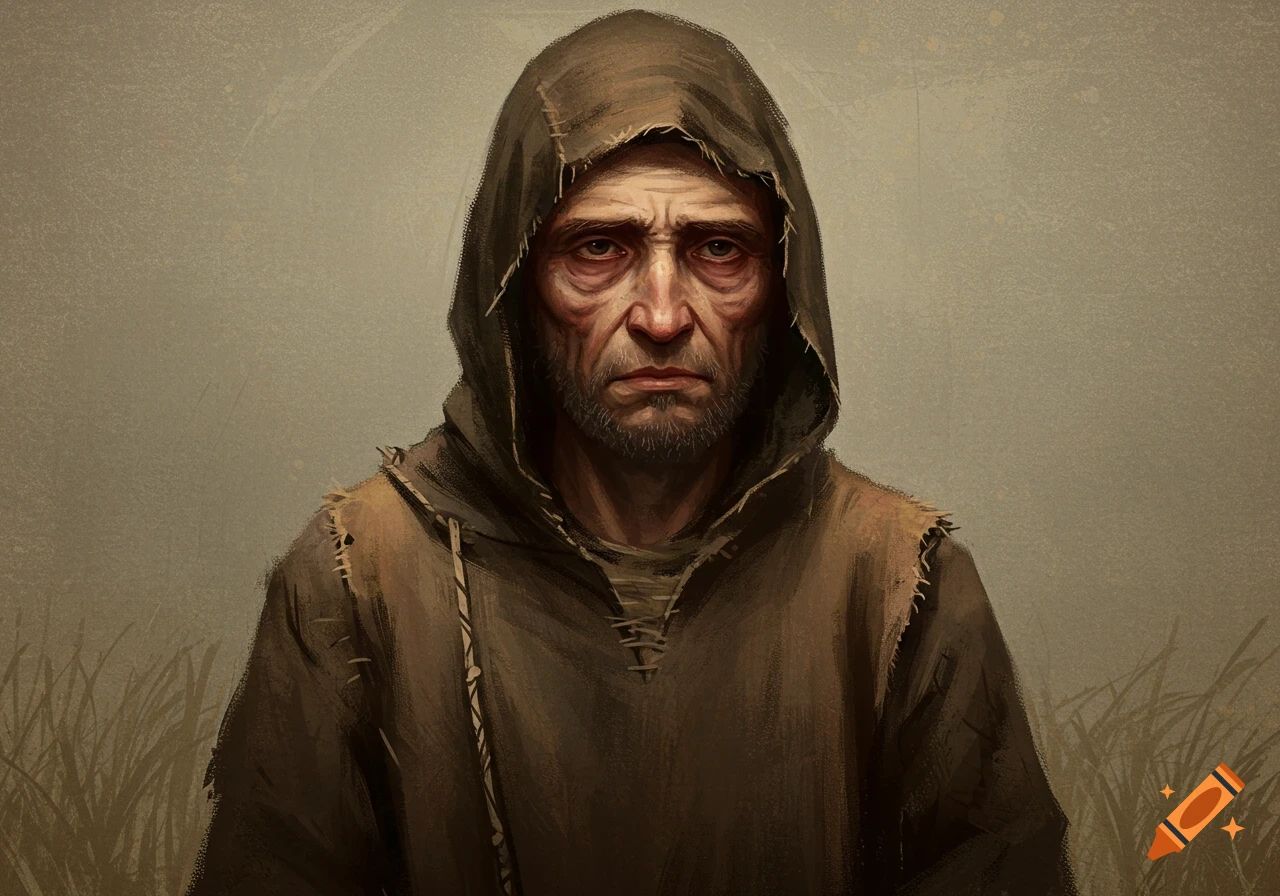 A close-up portrait of an old man with a beard and weary eyes, wearing a ragged brown hooded cloak, in a realistic painting style.